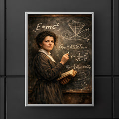 Mileva Maric at blackboard of relativistic symbols poster 5