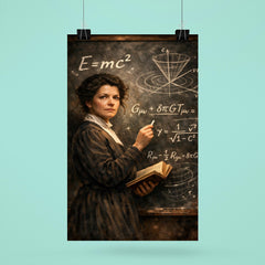 Mileva Maric at blackboard of relativistic symbols poster 6