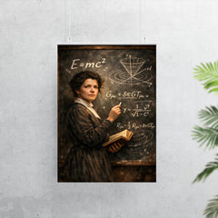 Mileva Maric at blackboard of relativistic symbols poster 7