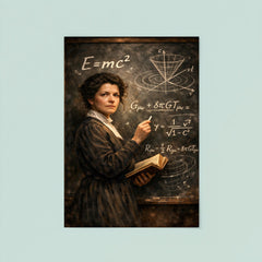 Mileva Maric at blackboard of relativistic symbols poster 8