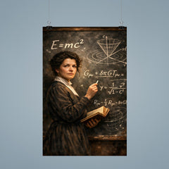 Mileva Maric at blackboard of relativistic symbols poster 9