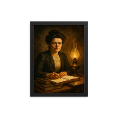 Mileva Maric with notebooks and smoky lamplight framed print on a plain backdrop in size 12"x16".