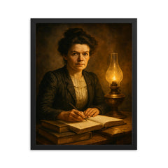Mileva Maric with notebooks and smoky lamplight framed print on a plain backdrop in size 16"x20".