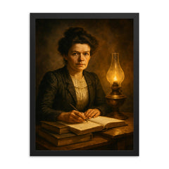 Mileva Maric with notebooks and smoky lamplight framed print on a plain backdrop in size 18"x24".