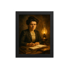 Mileva Maric with notebooks and smoky lamplight framed print on a plain backdrop in size 8"x10".