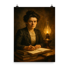 Mileva Maric with notebooks and smoky lamplight poster on a plain backdrop in size 8"x10".