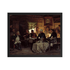 Military Council at Fili by Alexei Kivshenko, 1880 framed print on a plain backdrop in size 16"x20".