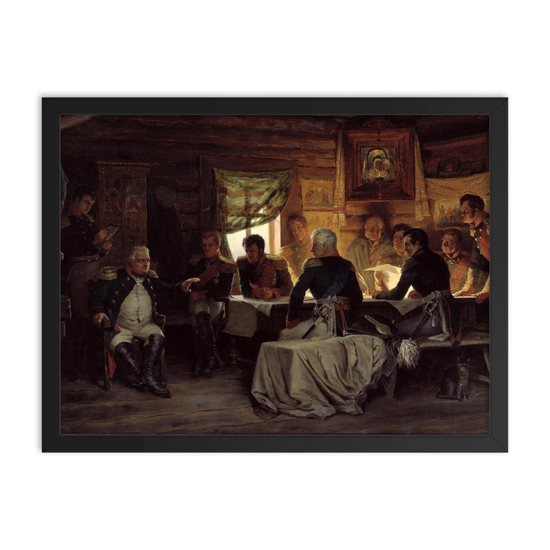 Military Council at Fili by Alexei Kivshenko, 1880 framed print on a plain backdrop in size 18