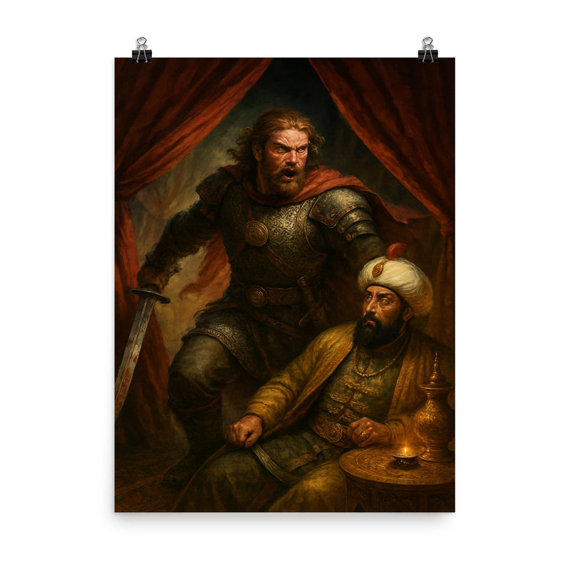 Miloš Obilić entering the Ottoman tent poster on a plain backdrop in size 8