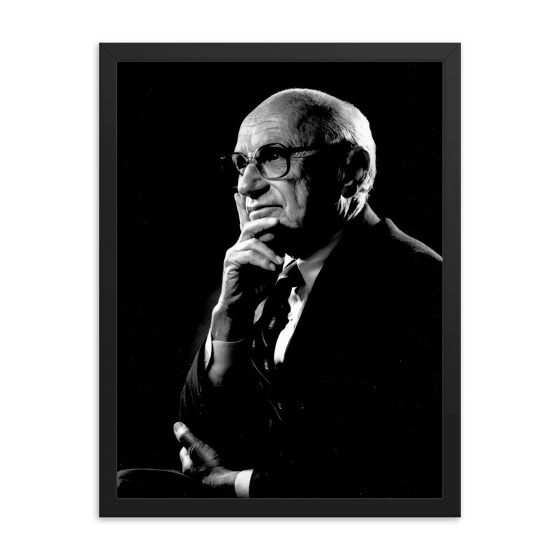 Milton Friedman framed print on a plain backdrop in size 18