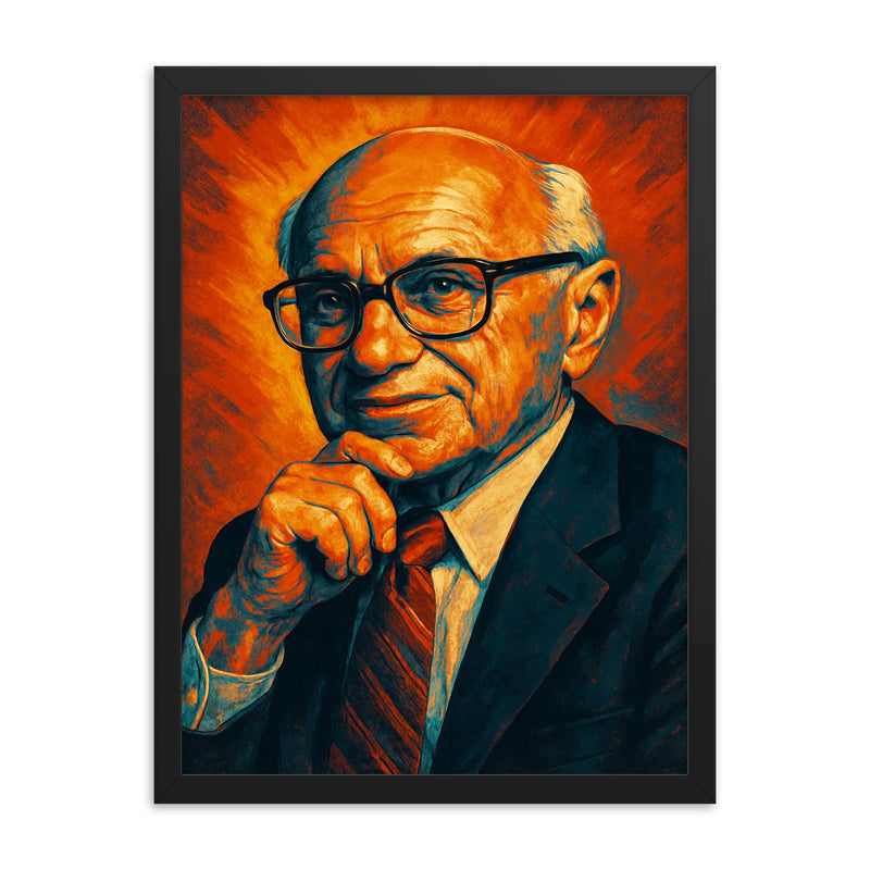 Milton Friedman framed print on a plain backdrop in size 18