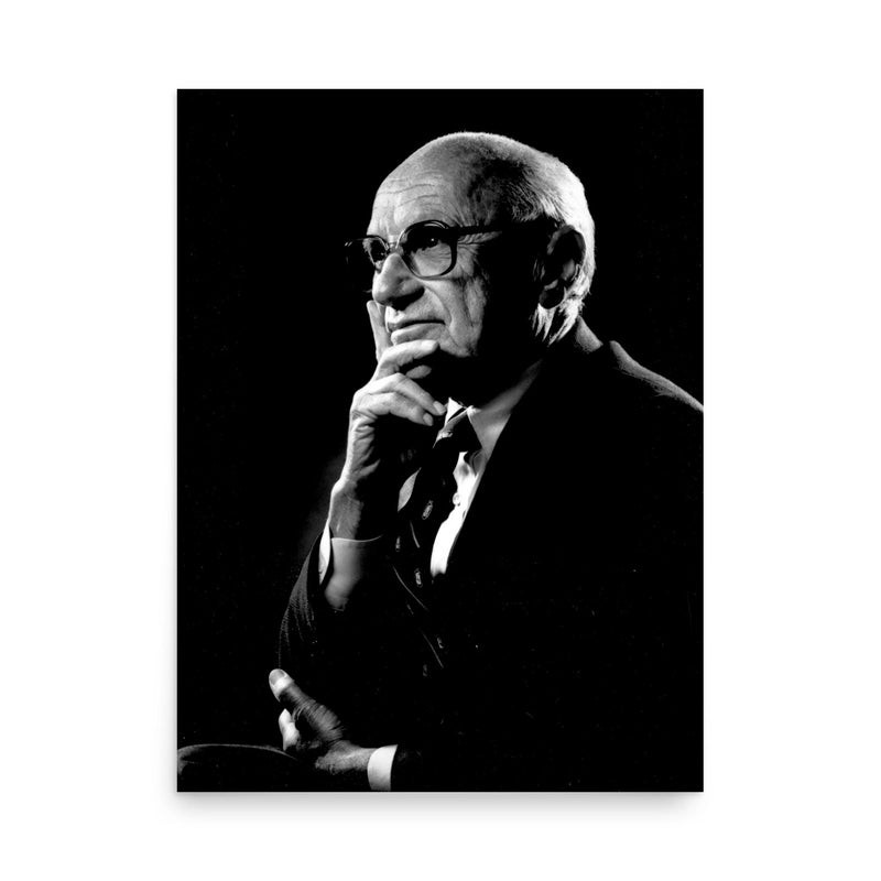 Milton Friedman poster on a plain backdrop in size 18
