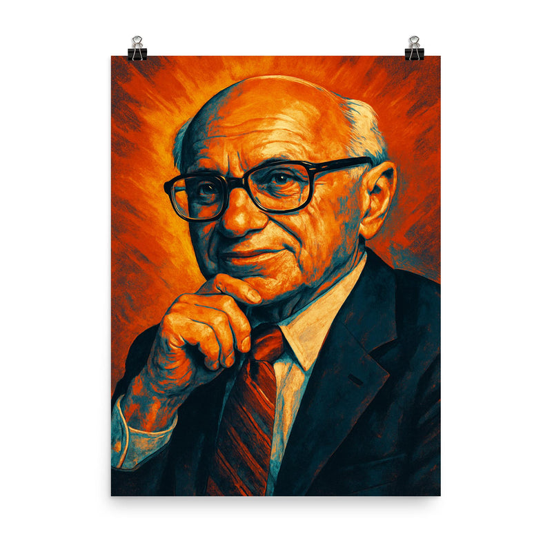 Milton Friedman poster on a plain backdrop in size 8