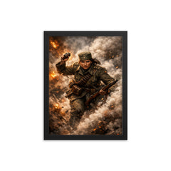 Milunka Savic grenade charge through smoke framed print on a plain backdrop in size 12"x16".
