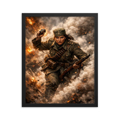 Milunka Savic grenade charge through smoke framed print on a plain backdrop in size 16"x20".