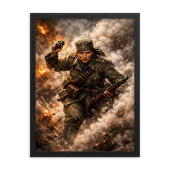 Milunka Savic grenade charge through smoke framed print on a plain backdrop in size 18"x24".