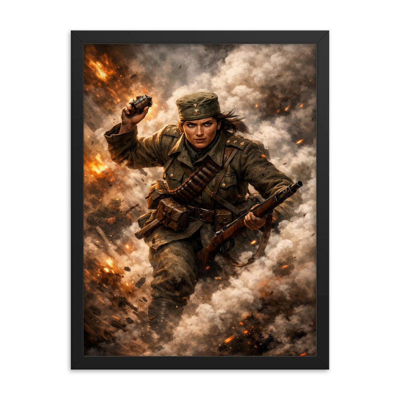 Milunka Savic grenade charge through smoke framed print on a plain backdrop in size 18