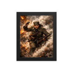 Milunka Savic grenade charge through smoke framed print on a plain backdrop in size 8"x10".