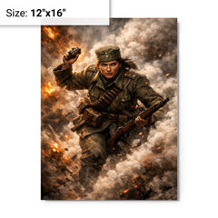 Milunka Savic grenade charge through smoke metal print on a plain backdrop in size 12"x16".