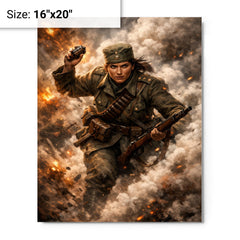 Milunka Savic grenade charge through smoke metal print on a plain backdrop in size 16"x20".