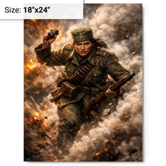 Milunka Savic grenade charge through smoke metal print on a plain backdrop in size 18"x24".