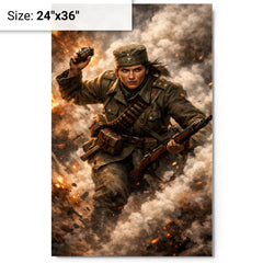 Milunka Savic grenade charge through smoke metal print on a plain backdrop in size 24"x36".