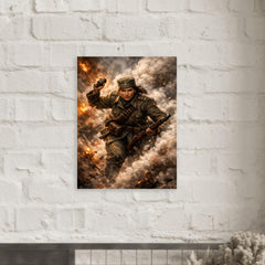 Milunka Savic grenade charge through smoke metal print mockup