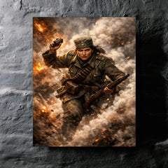 Milunka Savic grenade charge through smoke metal print mockup