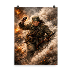 Milunka Savic grenade charge through smoke poster on a plain backdrop in size 8"x10".