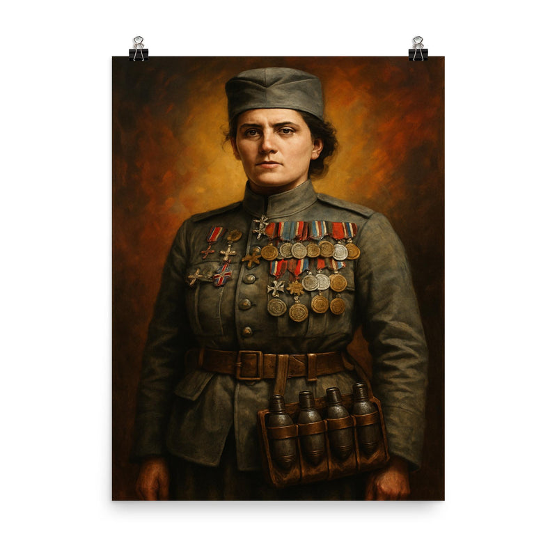 Milunka Savić with medals and grenade satchel poster on a plain backdrop in size 8