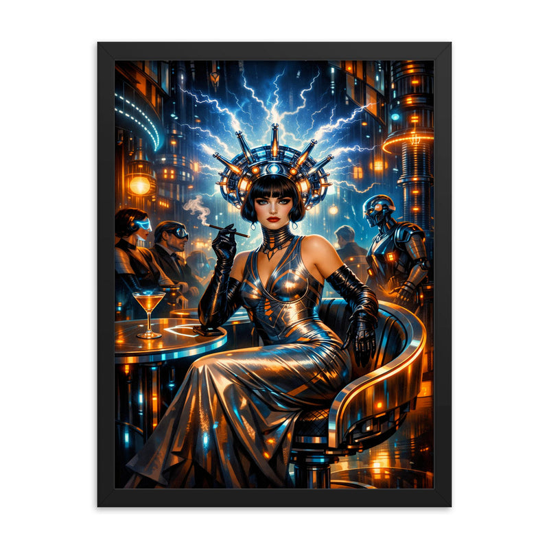 Mina Loy in futurist electric salon framed print on a plain backdrop in size 18