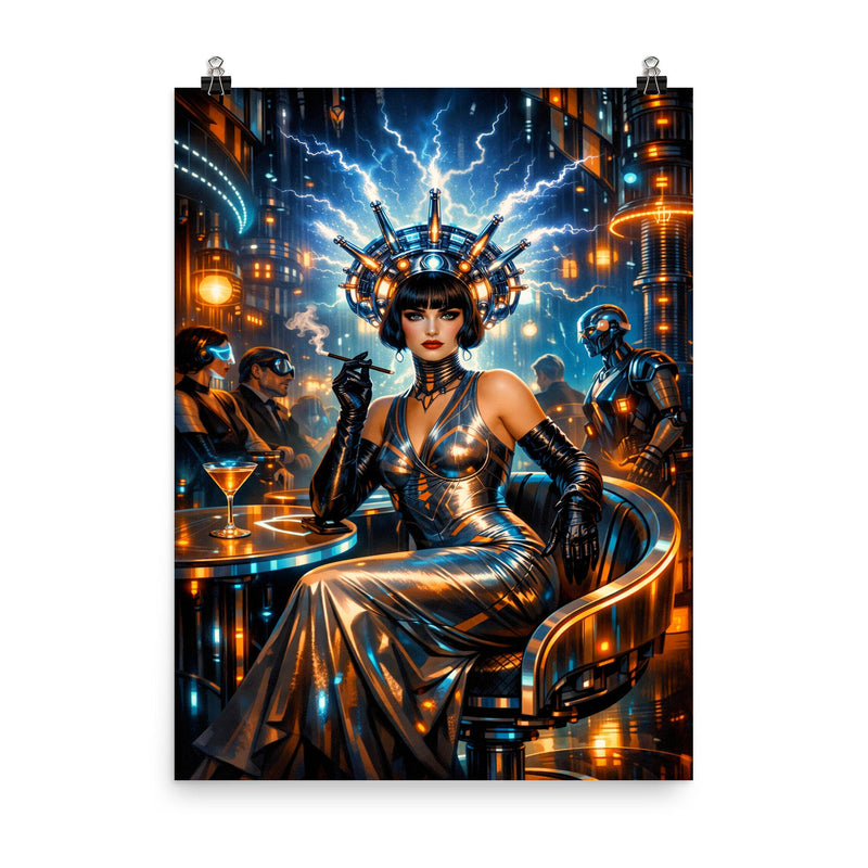 Mina Loy in futurist electric salon poster on a plain backdrop in size 8