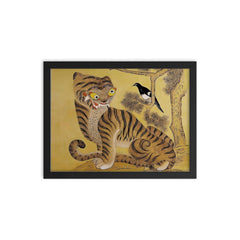 Minhwa Tiger and Magpie - Classic Korean 19th-Century Folk Painting framed print on a plain backdrop in size 12"x16".