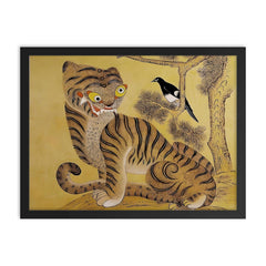 Minhwa Tiger and Magpie - Classic Korean 19th-Century Folk Painting framed print on a plain backdrop in size 18"x24".