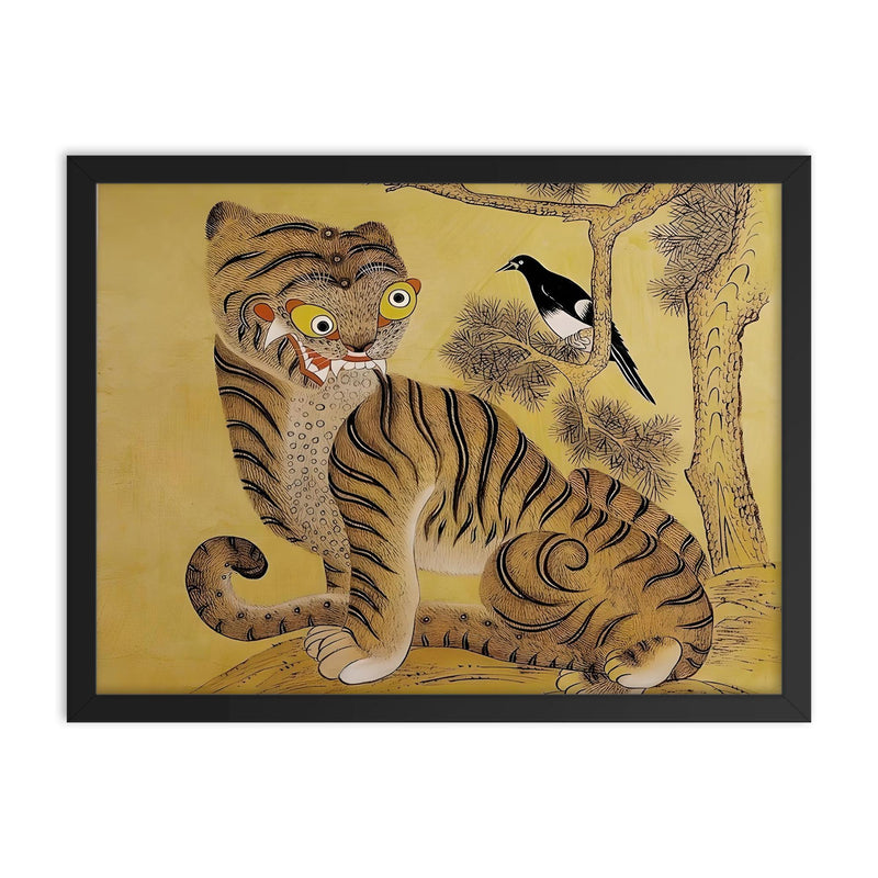 Minhwa Tiger and Magpie - Classic Korean 19th-Century Folk Painting framed print on a plain backdrop in size 18