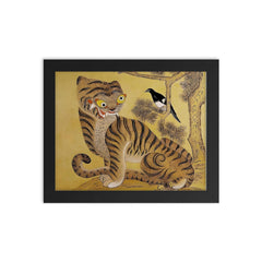 Minhwa Tiger and Magpie - Classic Korean 19th-Century Folk Painting framed print on a plain backdrop in size 8"x10".