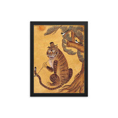 Minhwa Tiger Smoking a Pipe, with Magpies - Korean Folk Art framed print on a plain backdrop in size 12"x16".