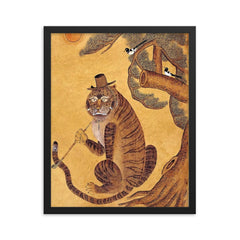Minhwa Tiger Smoking a Pipe, with Magpies - Korean Folk Art framed print on a plain backdrop in size 16"x20".