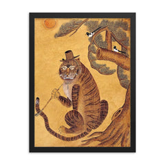 Minhwa Tiger Smoking a Pipe, with Magpies - Korean Folk Art framed print on a plain backdrop in size 18"x24".