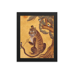 Minhwa Tiger Smoking a Pipe, with Magpies - Korean Folk Art framed print on a plain backdrop in size 8"x10".