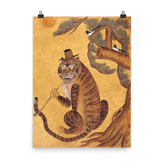 Minhwa Tiger Smoking a Pipe, with Magpies - Korean Folk Art poster on a plain backdrop in size 8"x10".
