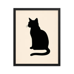 Minimalist black cat silhouette on cream background framed print mockup 16x20