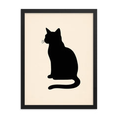 Minimalist black cat silhouette on cream background framed print mockup 18x24