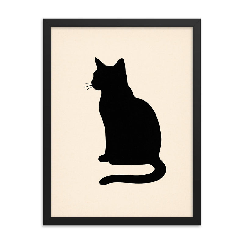 Minimalist black cat silhouette on cream background framed print mockup 18x24