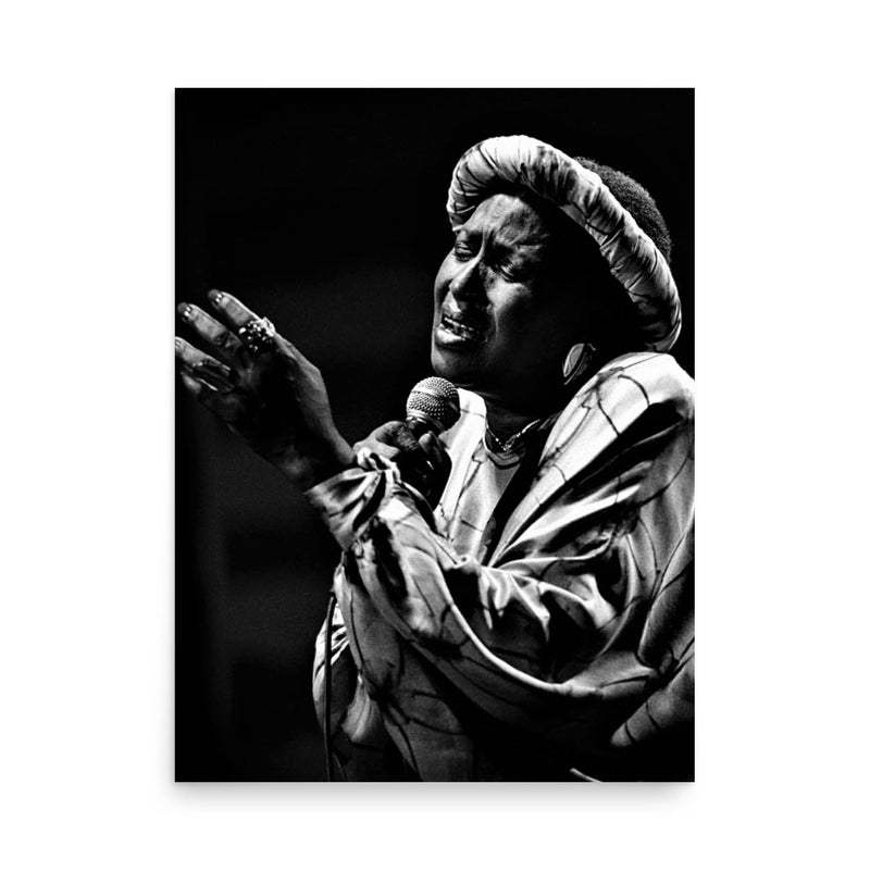 Miriam Makeba poster on a plain backdrop in size 18