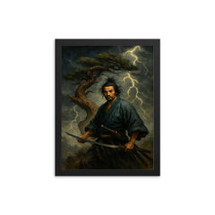 Miyamoto Musashi beneath a storm twisted pine framed print on a plain backdrop in size 12"x16".