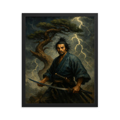 Miyamoto Musashi beneath a storm twisted pine framed print on a plain backdrop in size 16"x20".