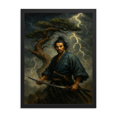 Miyamoto Musashi beneath a storm twisted pine framed print on a plain backdrop in size 18"x24".