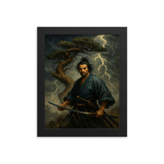 Miyamoto Musashi beneath a storm twisted pine framed print on a plain backdrop in size 8"x10".