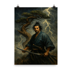 Miyamoto Musashi beneath a storm twisted pine poster on a plain backdrop in size 8"x10".